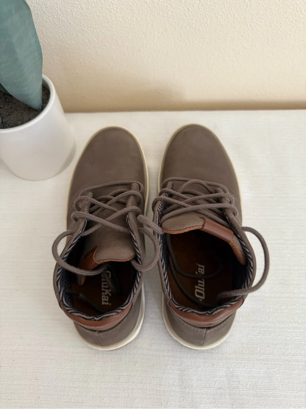 OluKai Papaku ‘Ili Men's Casual Mid-Top Sneakers in Brown Leather